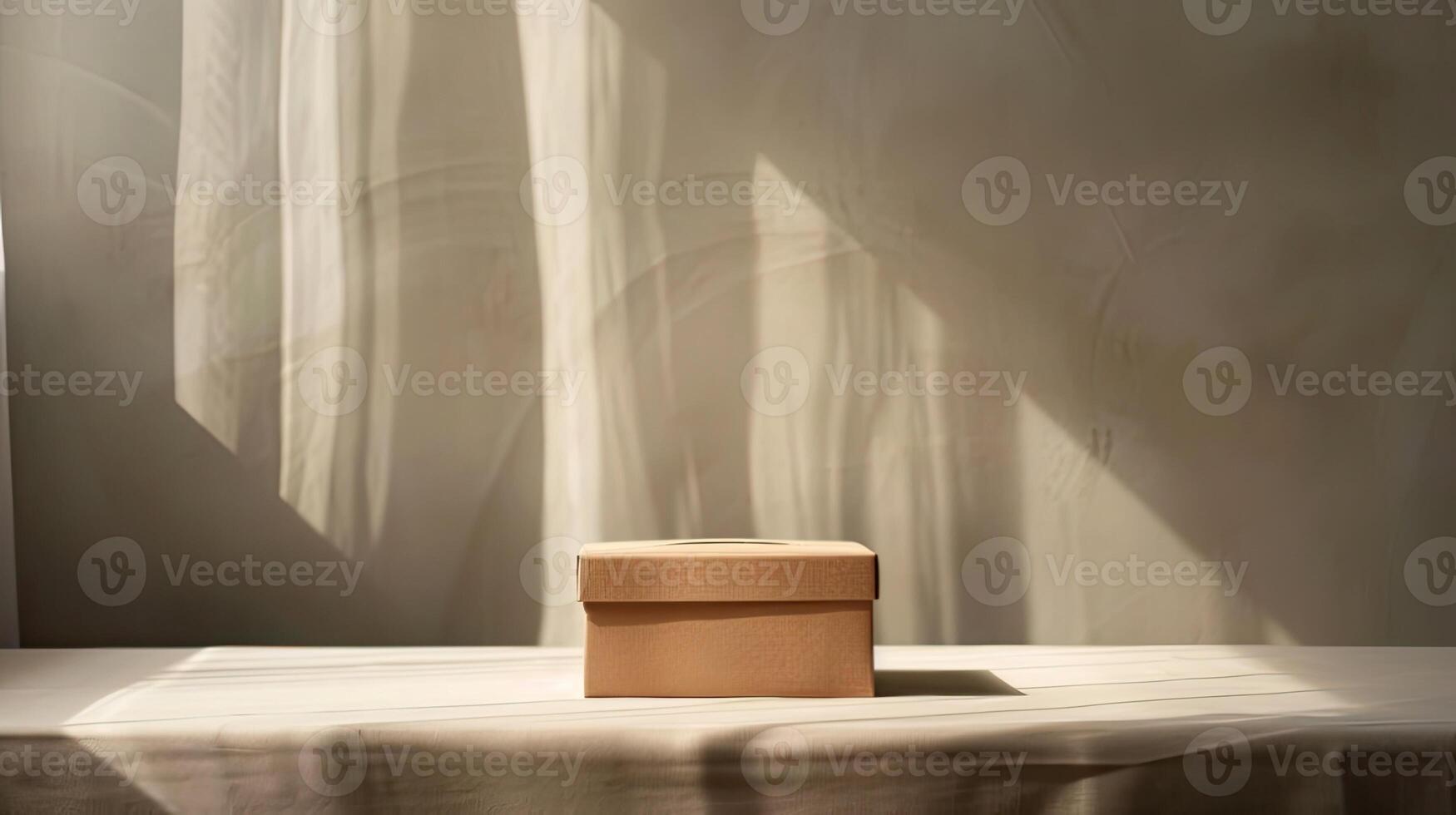 A box sitting on a table in front of a window photo