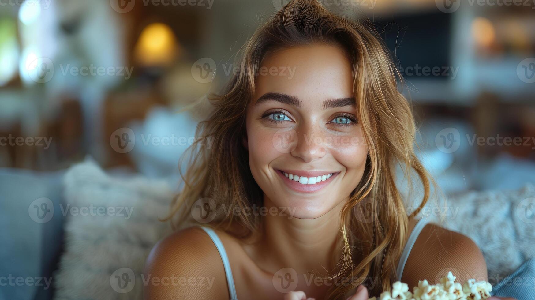 A woman is smiling while holding a bowl of popcorn photo
