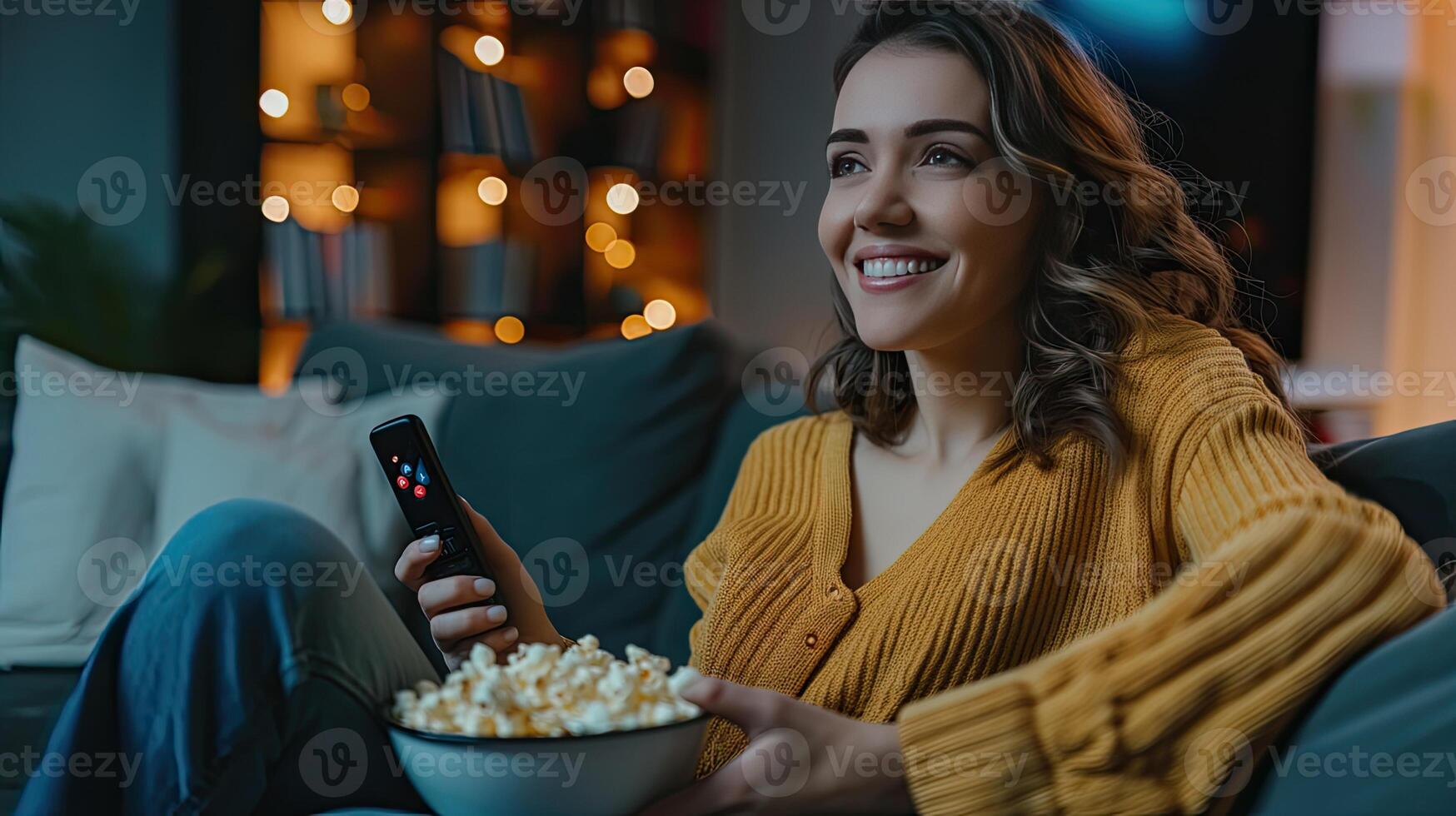 A woman is sitting on a couch with a remote control and a bowl of popcorn photo