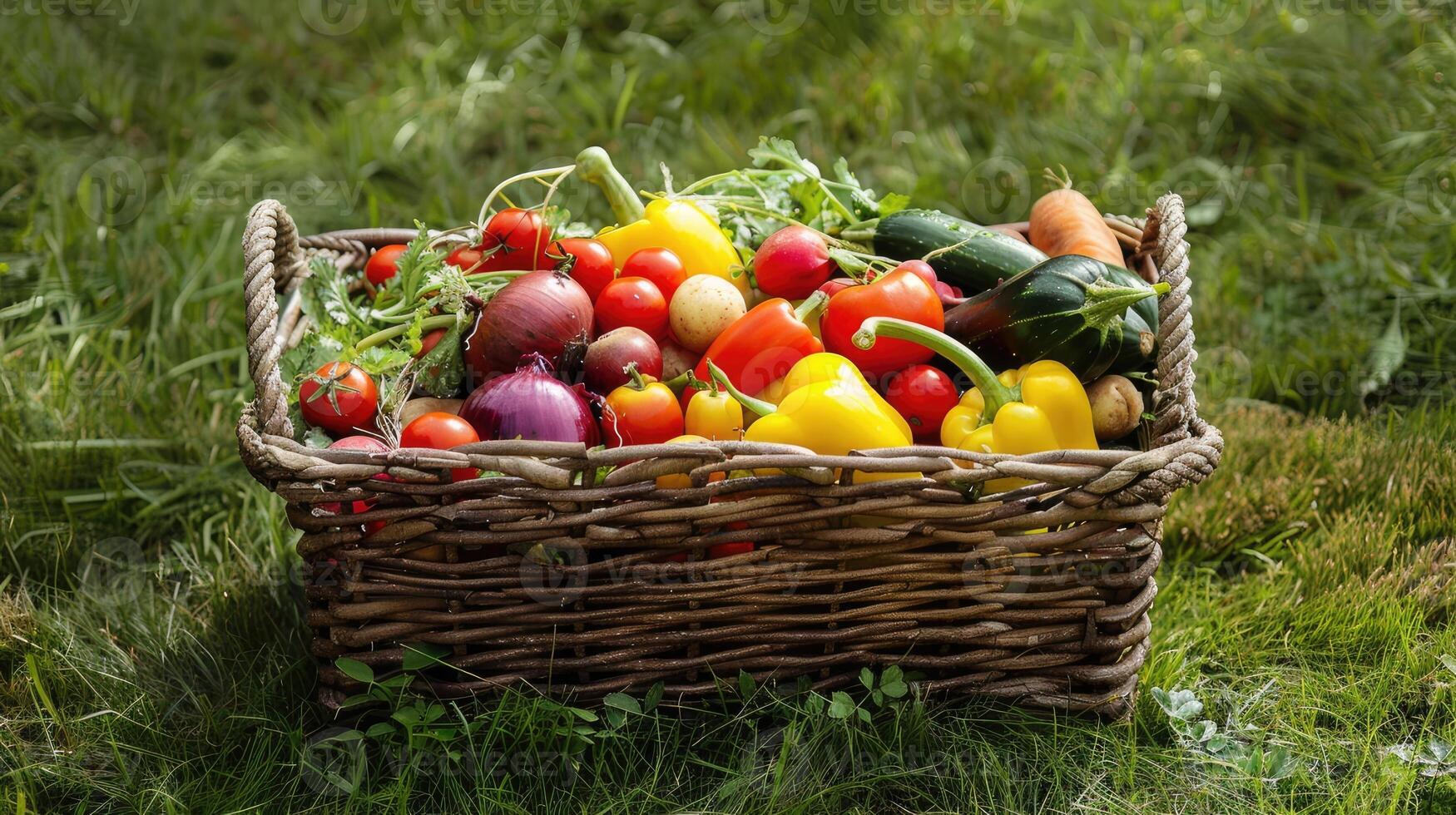 A basket filled with various vegetables on the grass photo