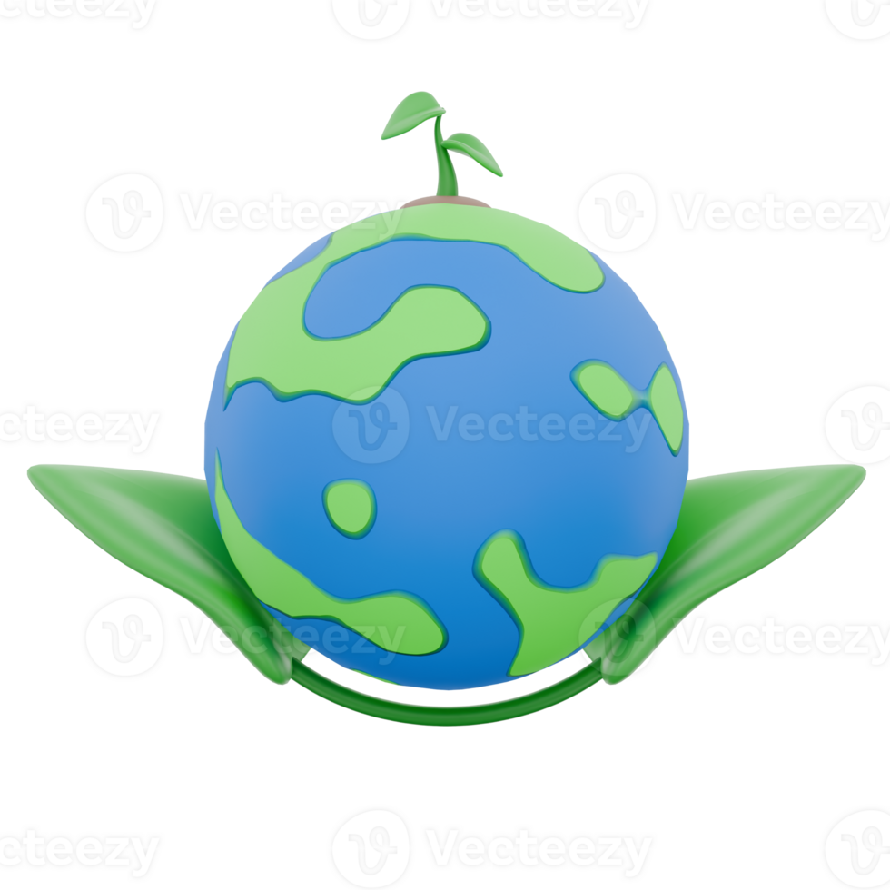 3D Earth Icon with Green Leaf for Sustainability and Protection png