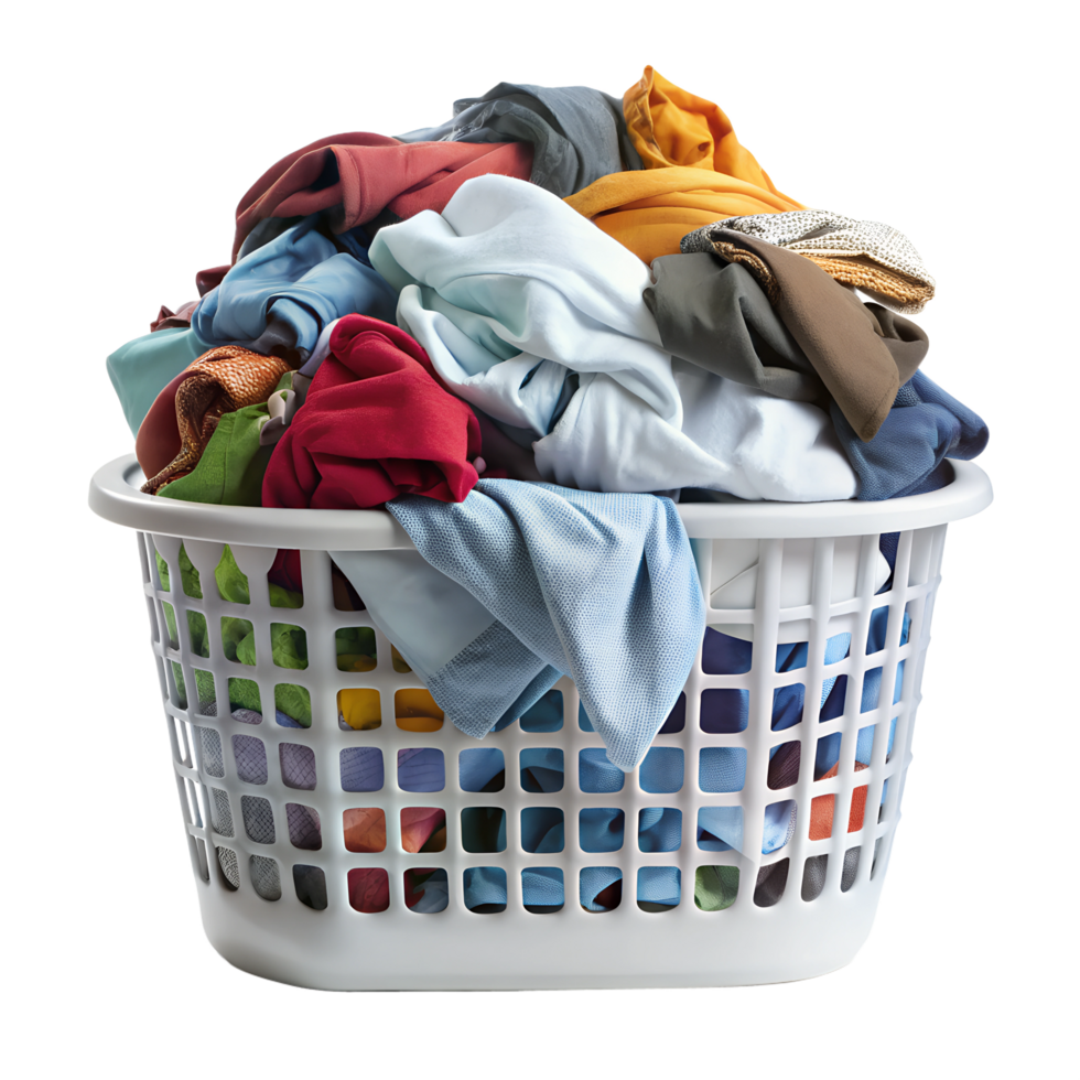 Wooden wicker basket that holds lots of used clothes and prepares them for washing. png