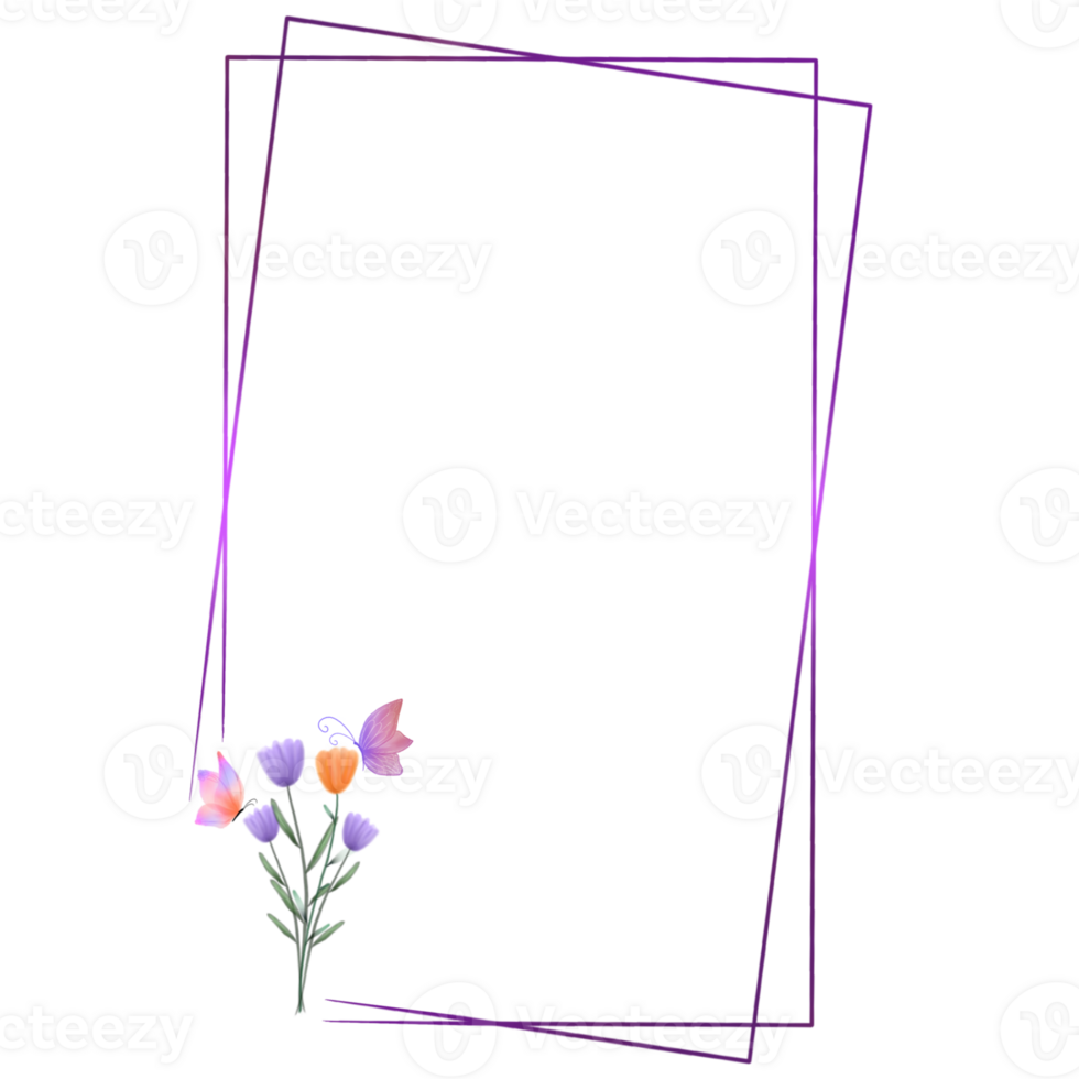 Purple rectangle frame with flowers and butterflies png