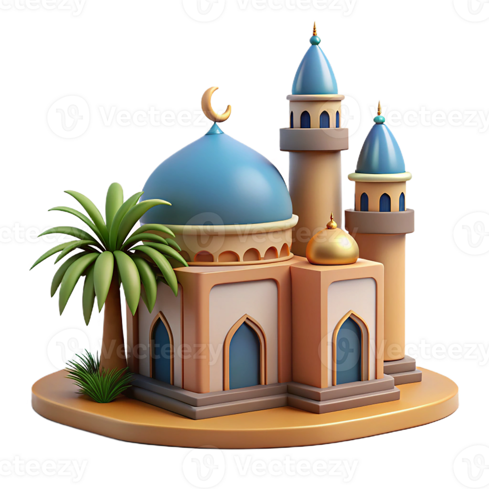 A cartoon mosque with a palm tree and a blue dome png