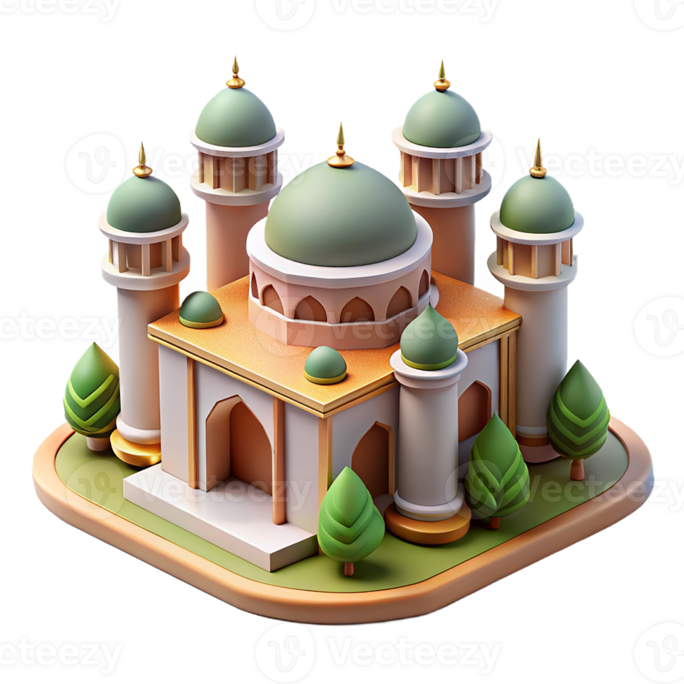 A small mosque with green domes and trees png