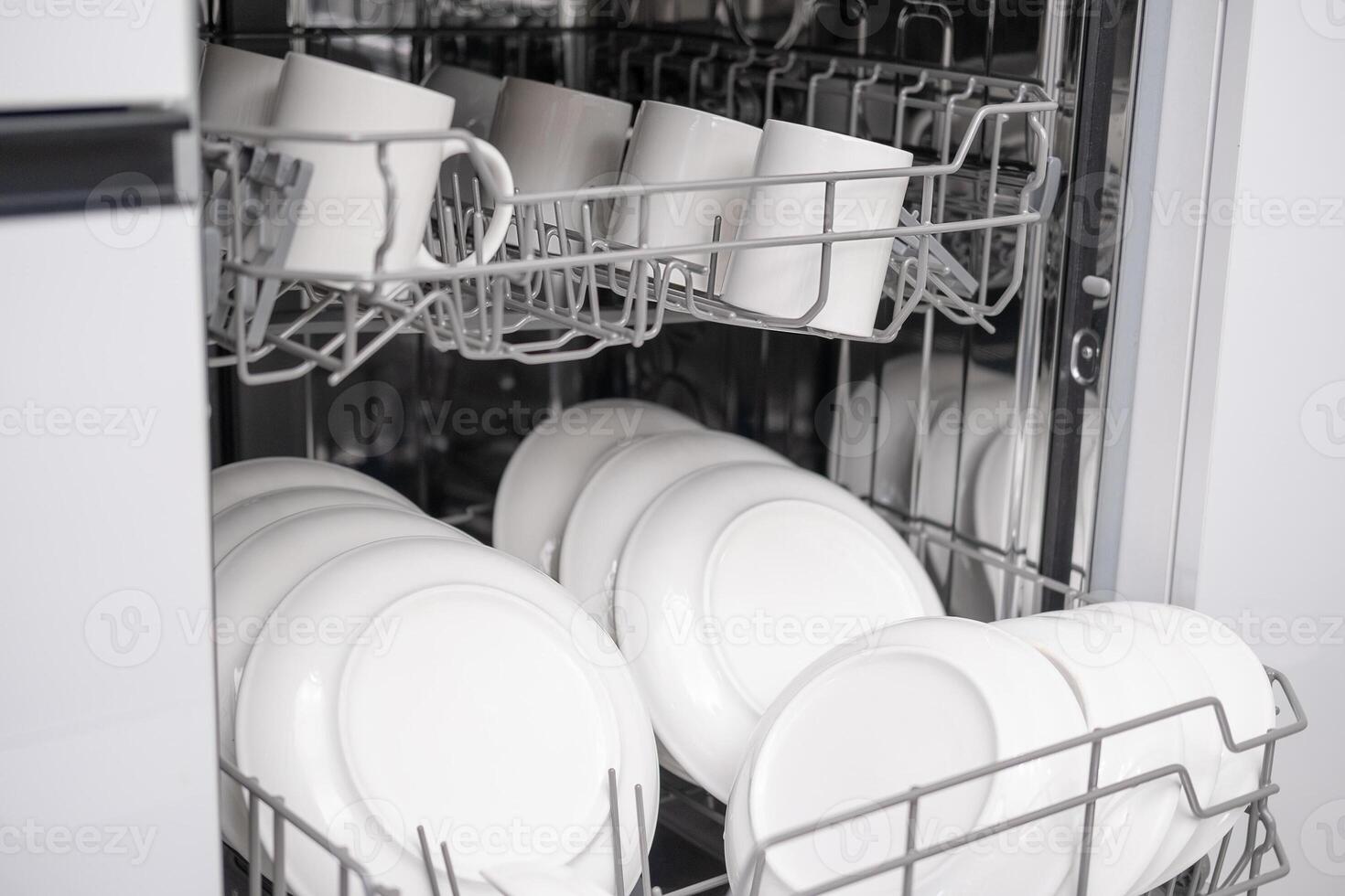 dishwasher with clean dishes in the kitchen photo