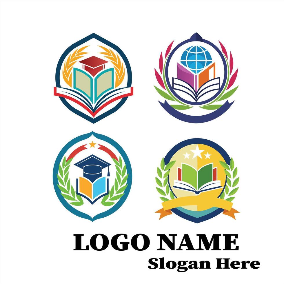 Four Colorful Educational Logos Books, Graduation Caps, Global Learning vector