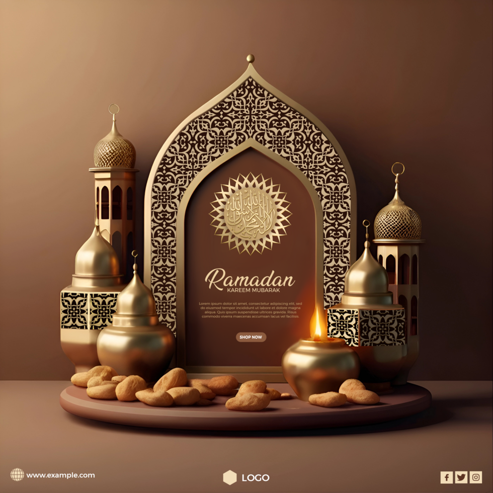 A Social media poster for Ramadan Kareem with a brown background psd