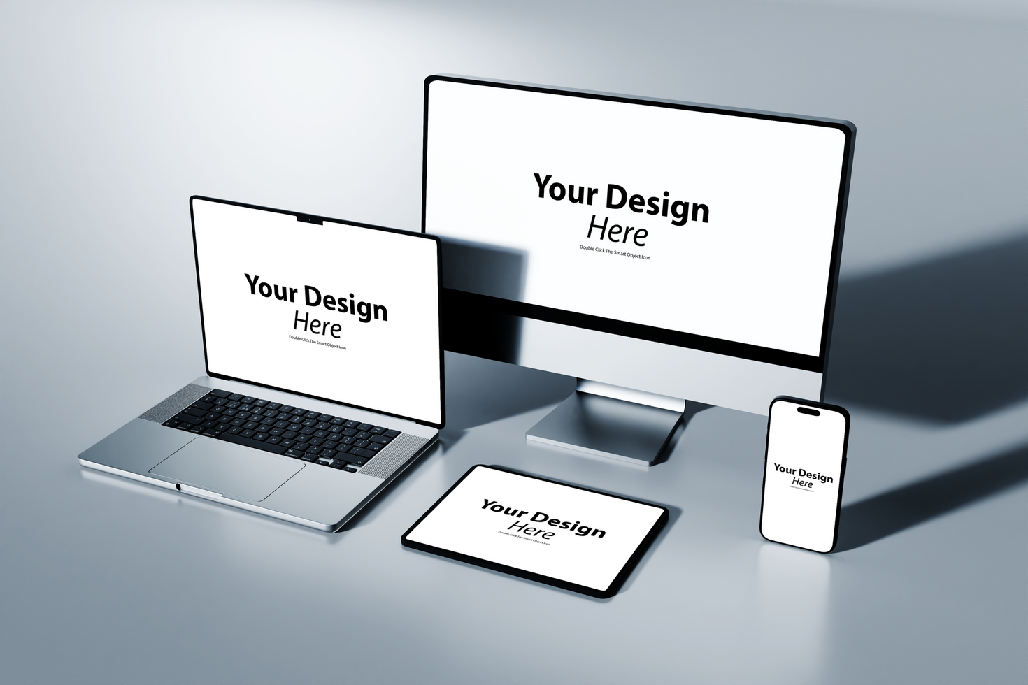 Laptop, desktop and tablet mockup on a white surface psd