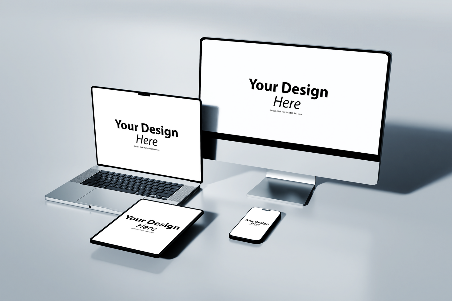 A computer, tablet and phone mockup on a white surface psd