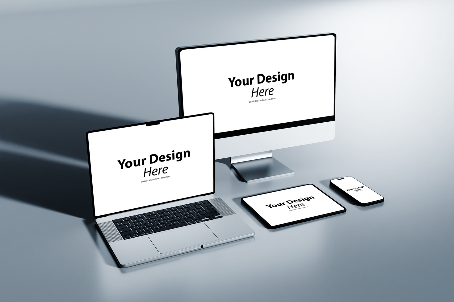 A laptop, desktop and tablet mockup on a table psd