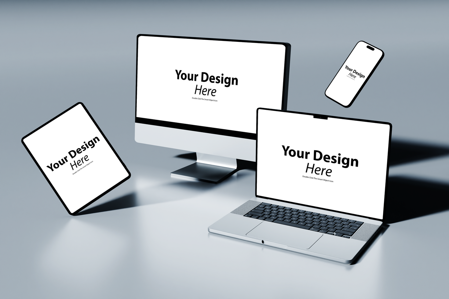Laptop, tablet and desktop computer mockup psd