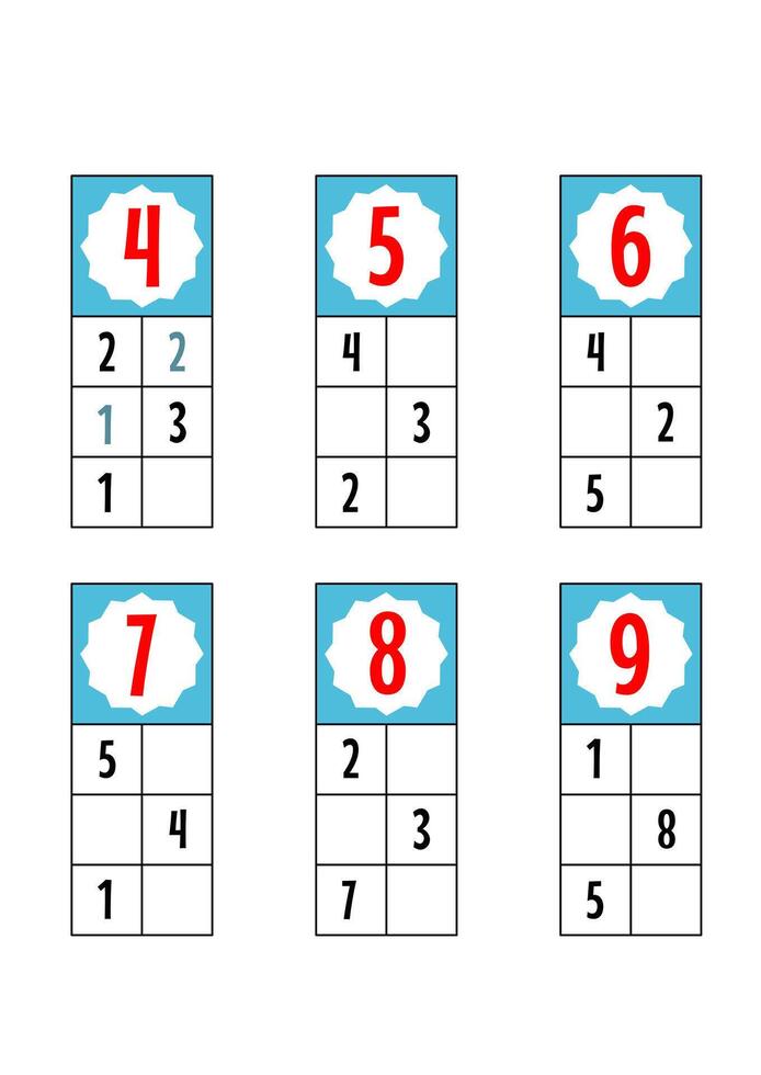 Kids worksheet write the correct numbers to produce the numbers above. fun activity for kids. vector
