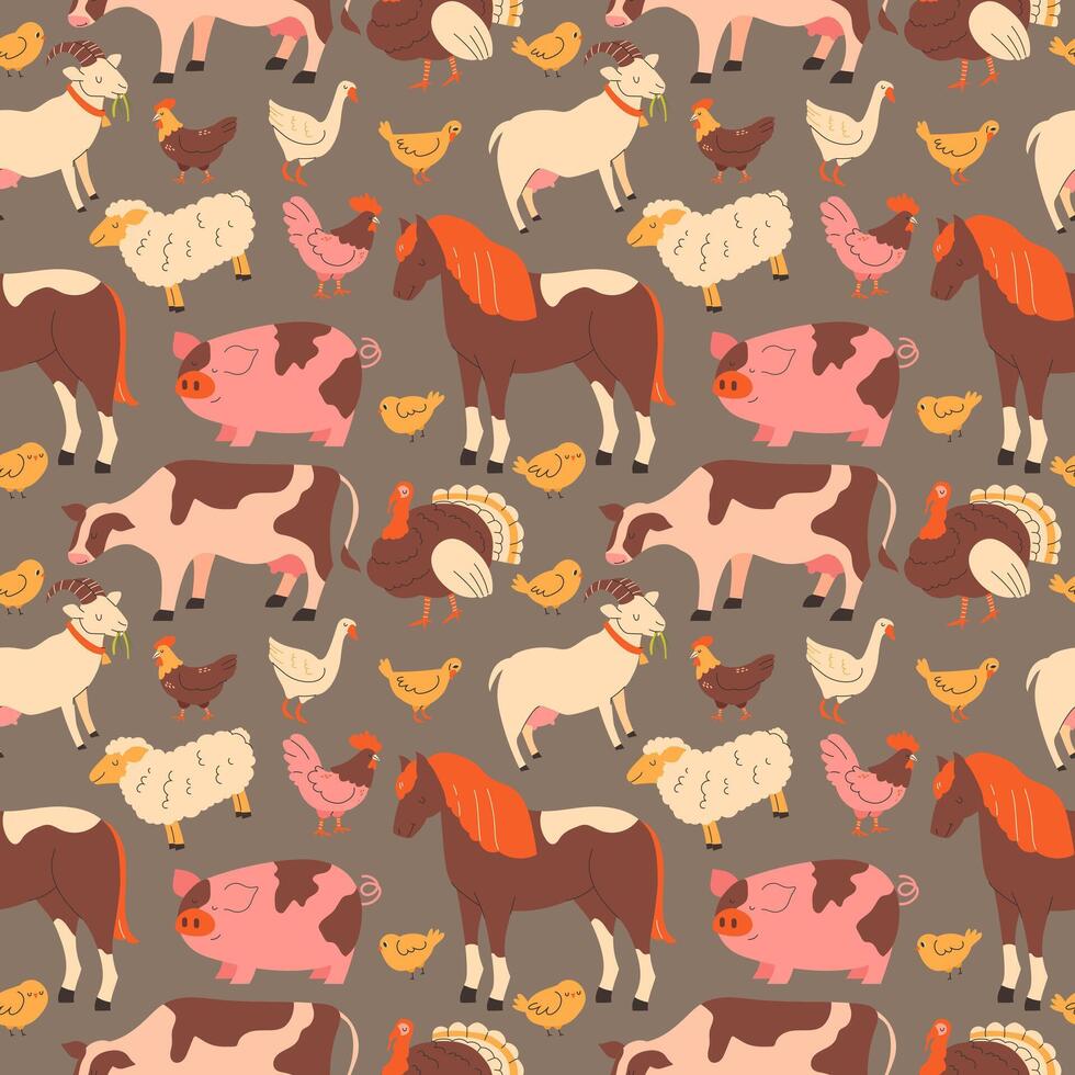 Seamless pattern with playful farm animals vector
