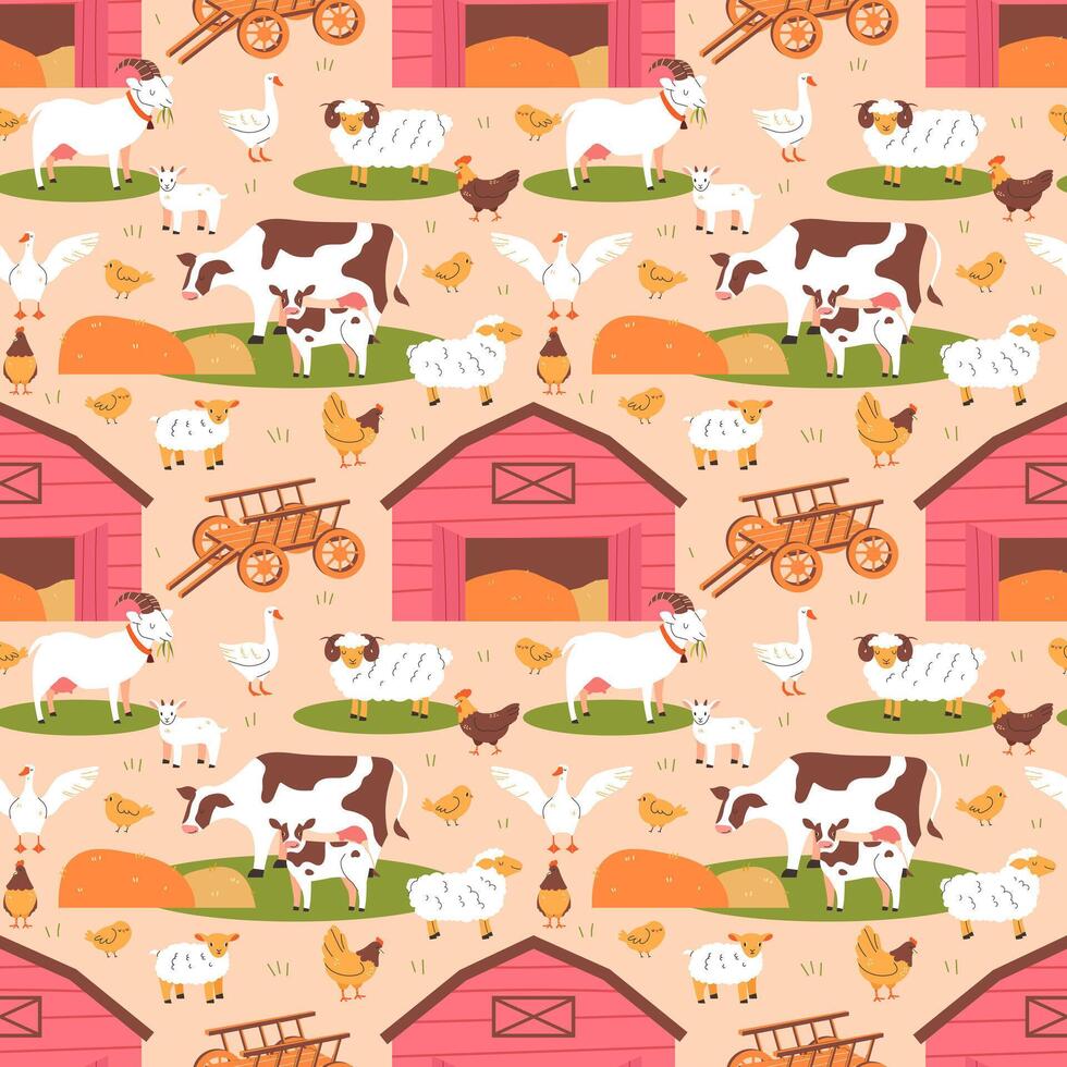 Farmer seamless seamless pattern with pets, barn, wooden cart vector