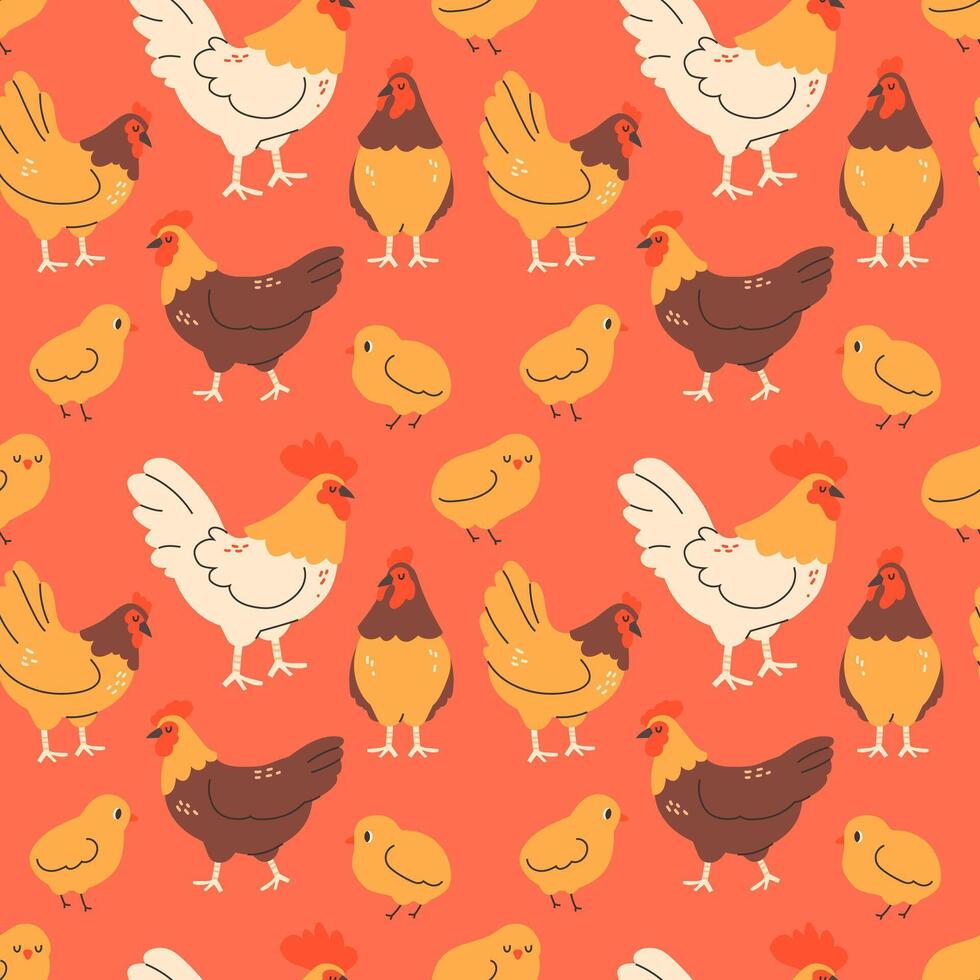Cute hens and chickens seamless pattern on light background vector