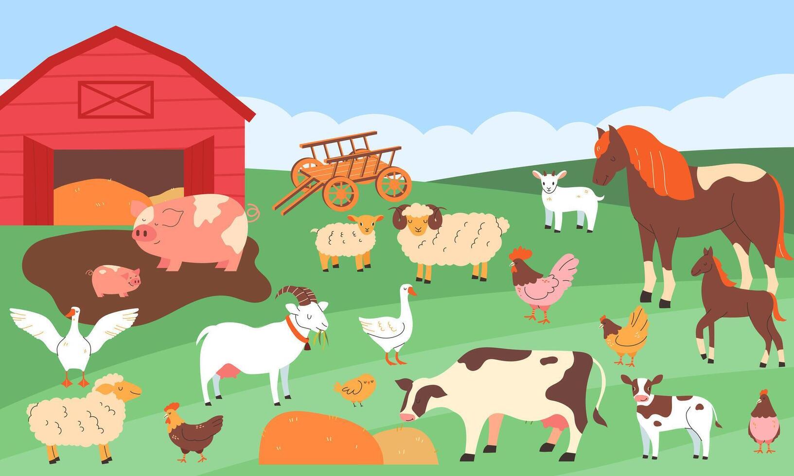 Farm scene with pets flat style. Rural Life. Concept eco livestyle vector