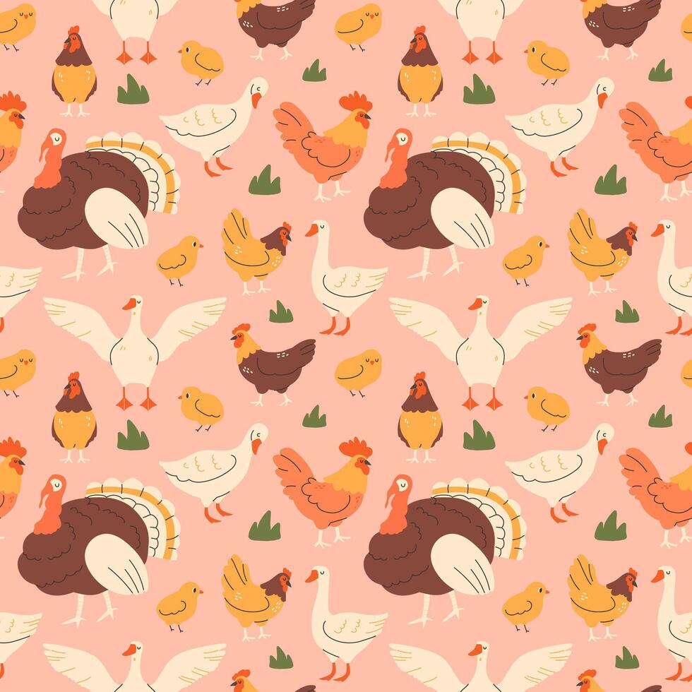 Farmer seamless pattern, chickens, chickens, geese, geese, turkey on a light background vector