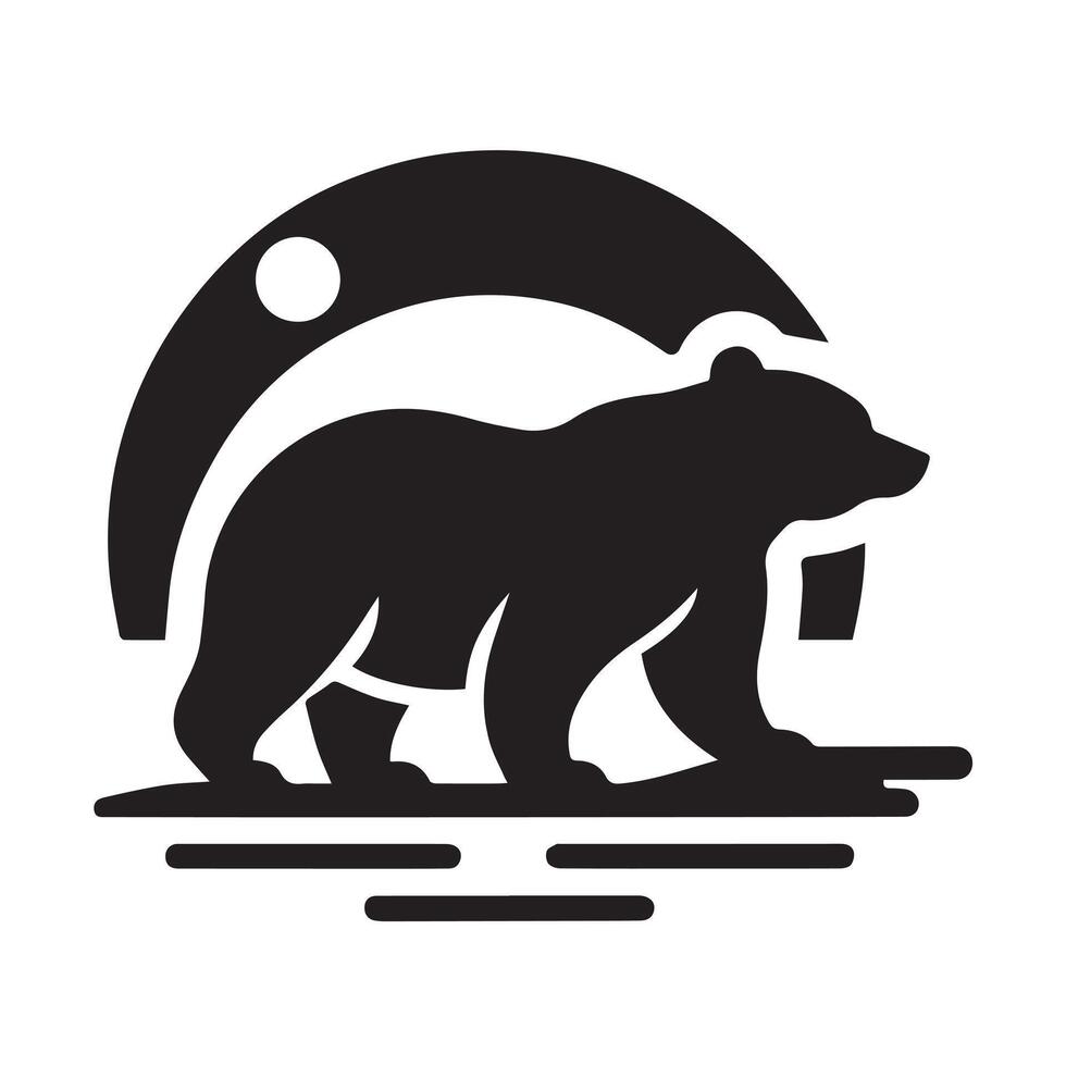 A stylized, black and white graphic design showcasing a bear silhouetted against a tranquil nocturnal mountain landscape. vector