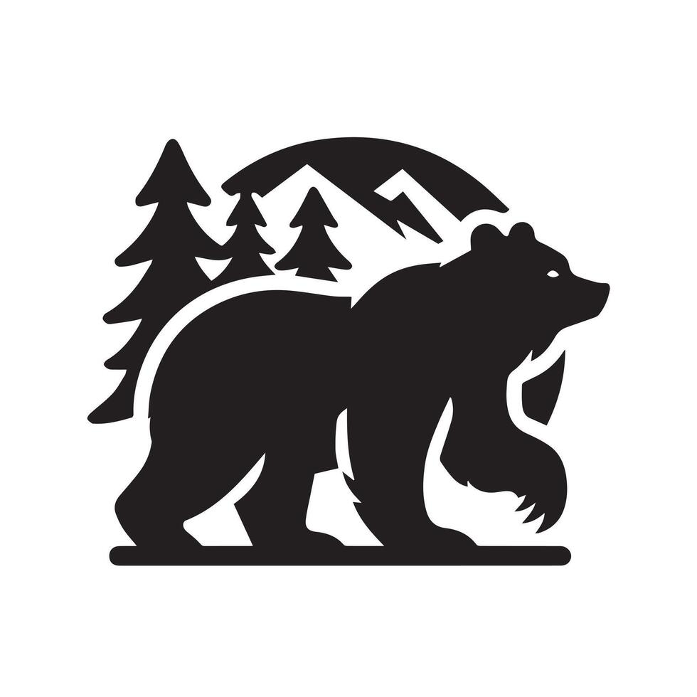 Black and white silhouette of a bear by a serene vector