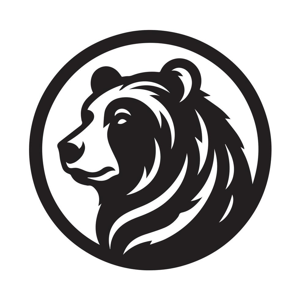 black and white graphic of a bear set against a backdrop of a serene mountain and forest landscape. vector