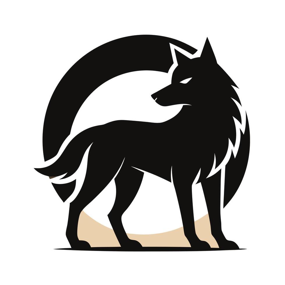 A bold, stylized silhouette of a wolf positioned within a circular moon shape. vector