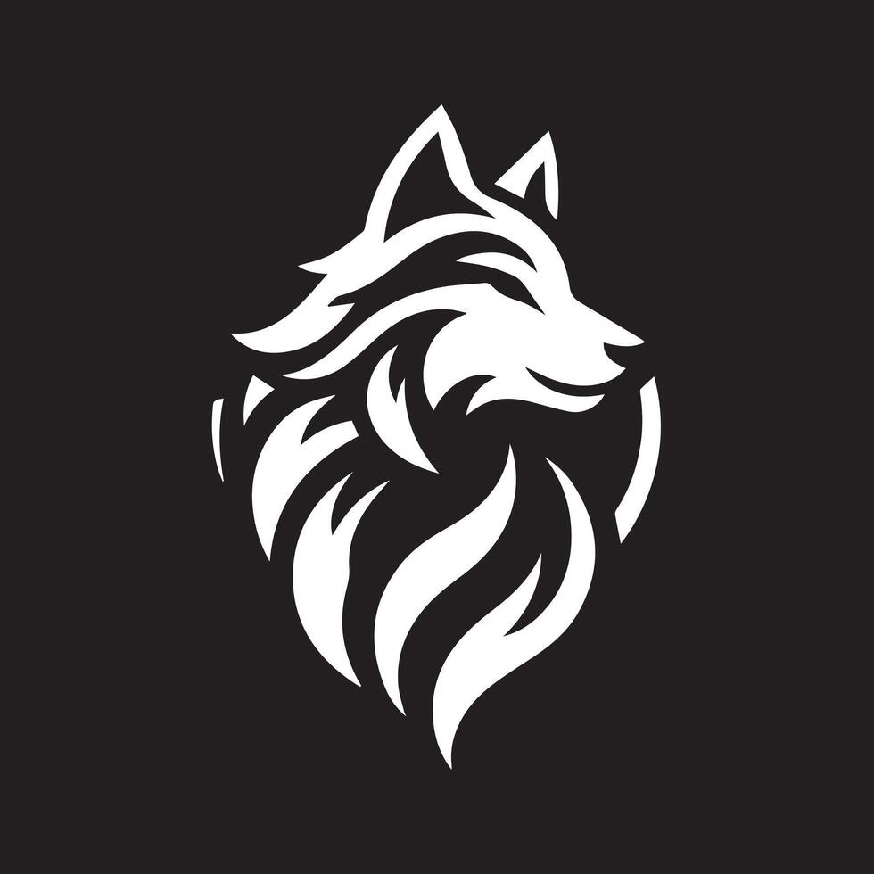 A bold, stylized graphic of a wolf's head, presented in a circular frame against a black background. vector