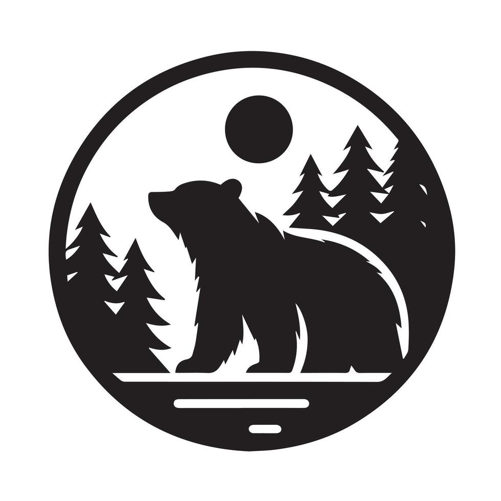 A powerful, minimalist silhouette of a bear standing on a stylized shoreline at night, encircled by a circle. vector