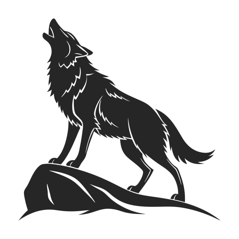 silhouetted illustration of a wolf howling at a full moon. vector