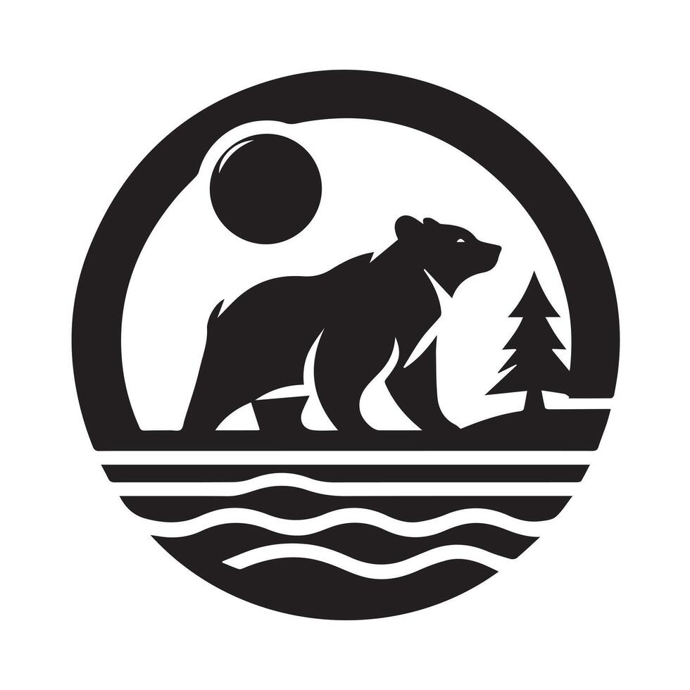 This striking graphic features a silhouetted bear against a backdrop of a crescent moon and stars. vector