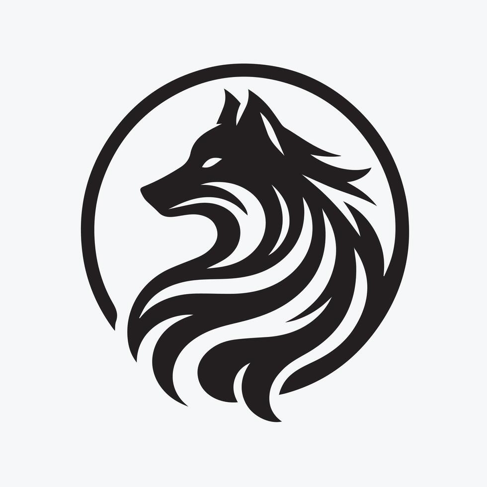 black and white silhouette of a wolf howling at the moon, set against a backdrop of stylized pine trees and a crescent moon. vector