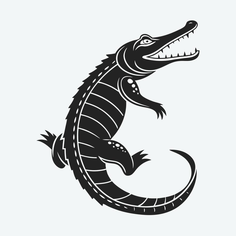 A powerful, black silhouette of a crocodile in a dynamic pose. vector
