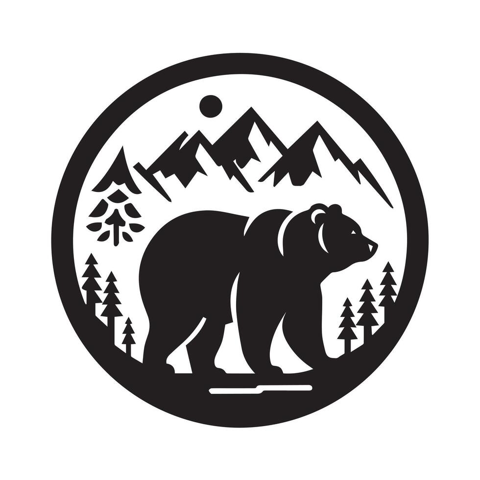 A simple, black and white silhouette of a bear walking through a mountain landscape with pine trees and a sun. vector