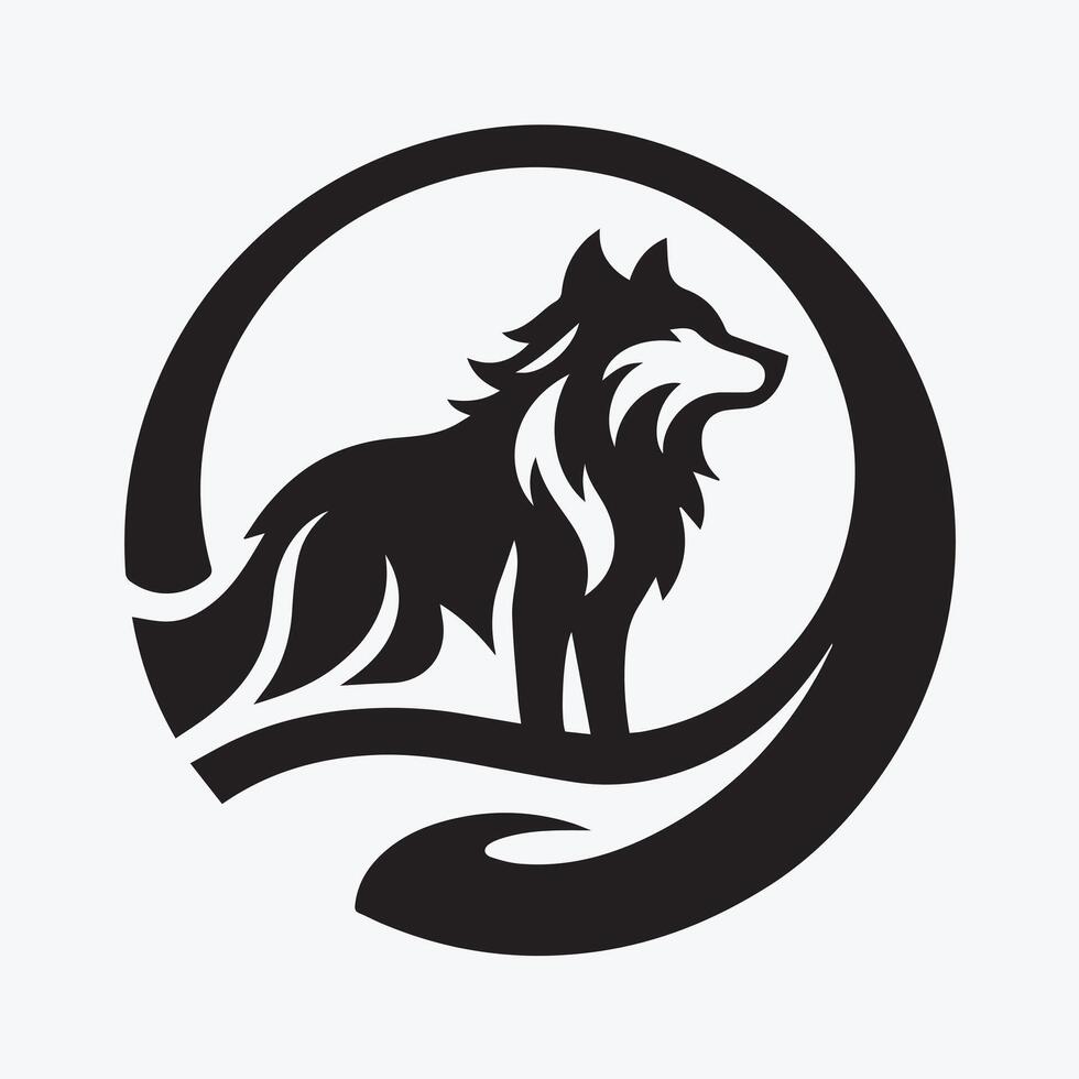 A bold, stylized graphic of a wolf's head, in profile view, set within a circular frame. vector
