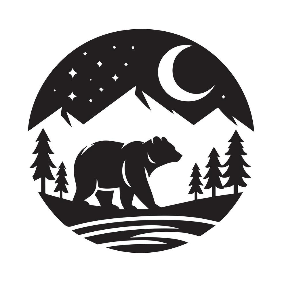 A striking, stylized silhouette of a bear, rendered in bold black lines. vector