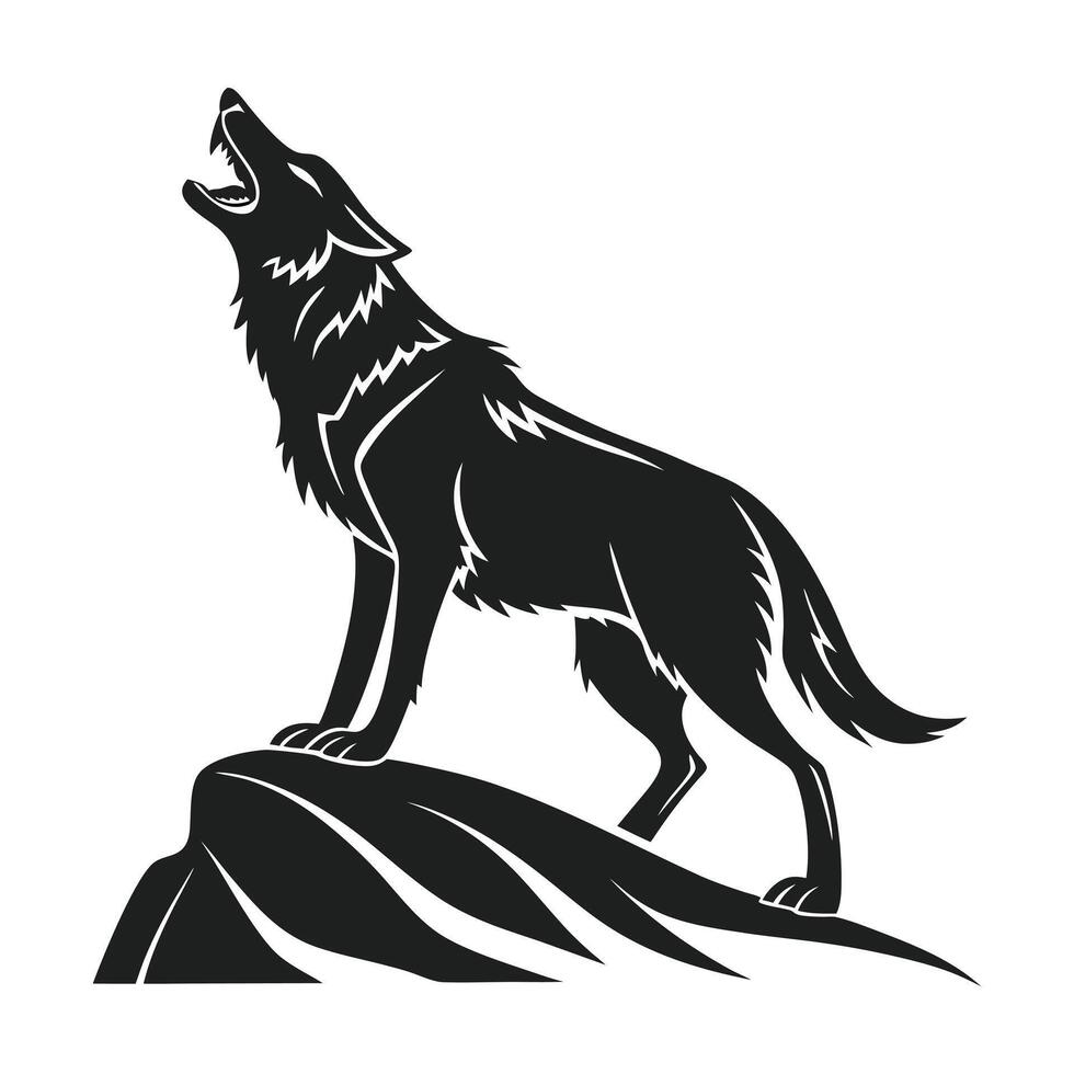 black silhouette of a wolf howling at the peak of a mountain. vector