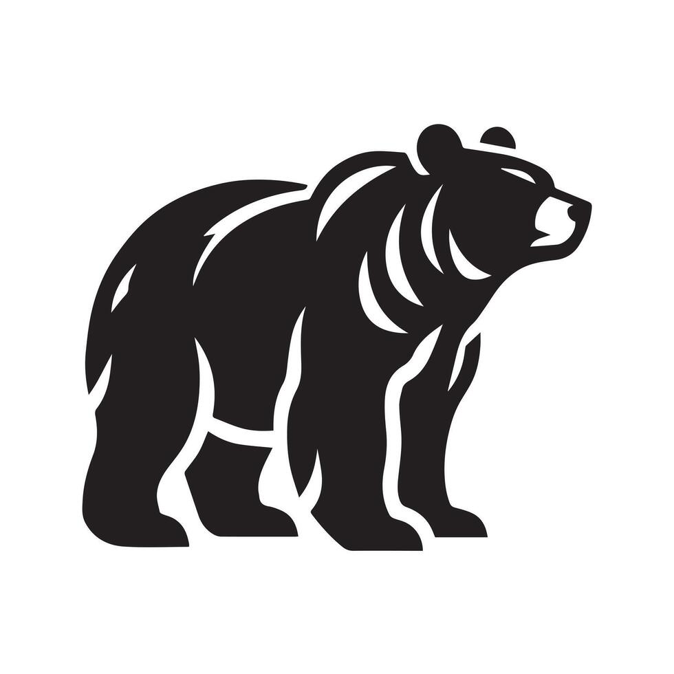 A simple, black and white silhouette of a bear set against a backdrop of mountains, forest, and a subtle moon. vector