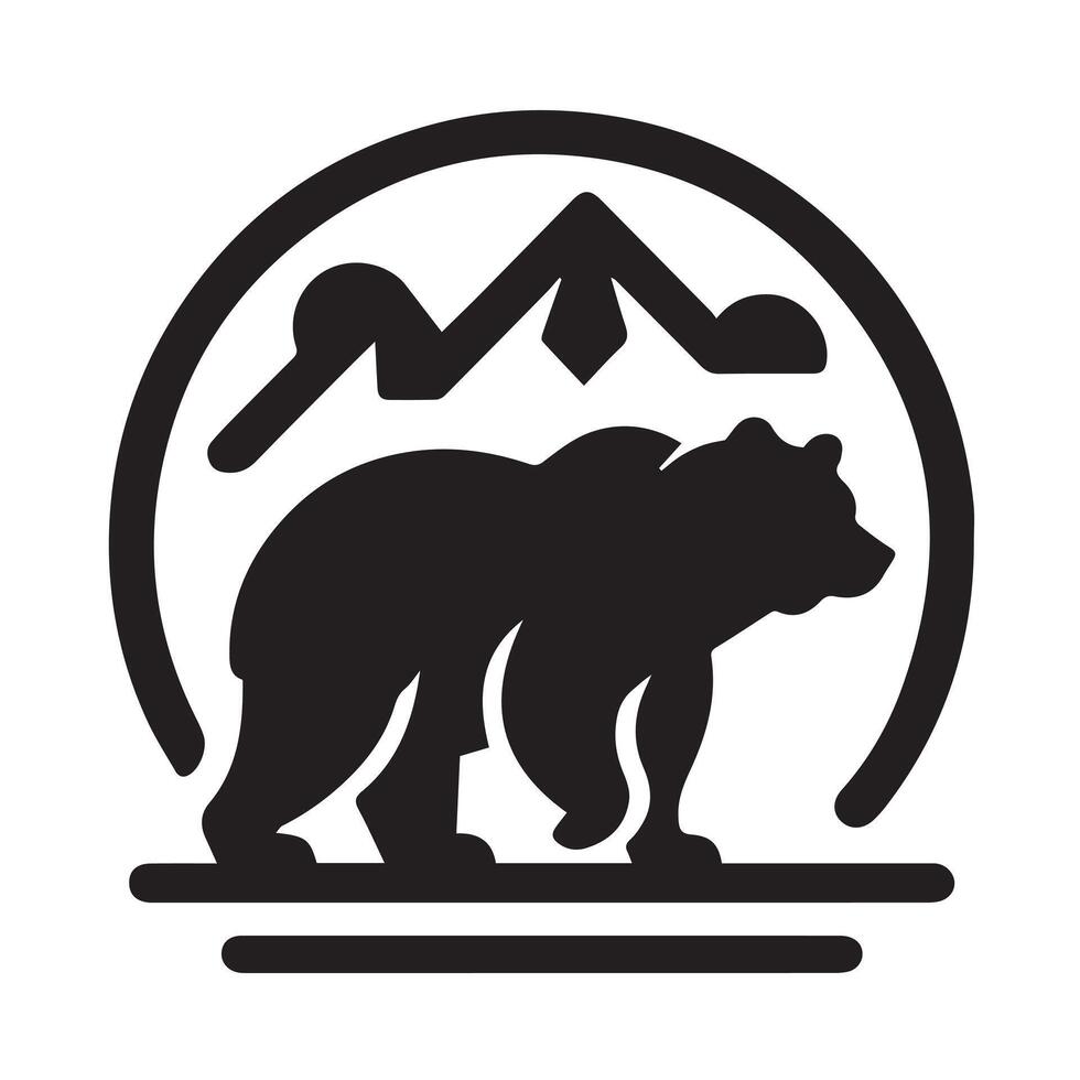A stylized black and white graphic of a bear walking through a serene mountain landscape at night. vector