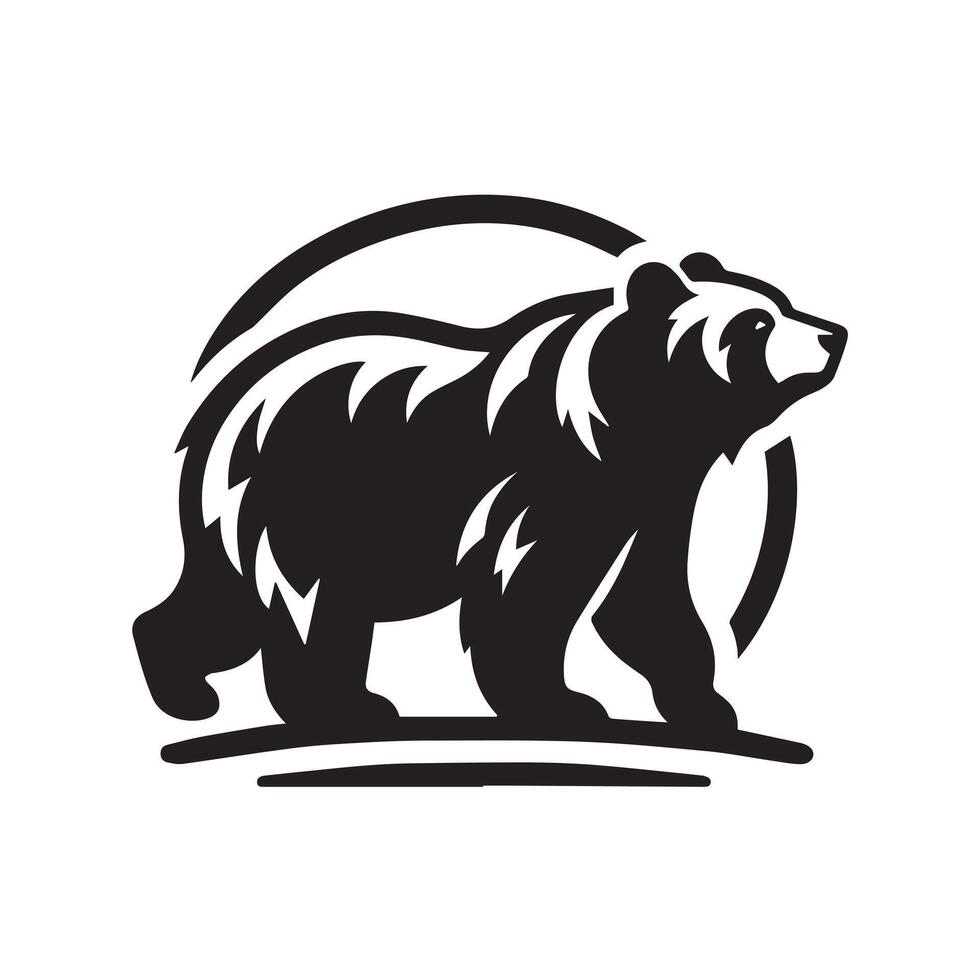 impactful silhouette of a bear standing by a body of water, surrounded by stylized trees, against a backdrop of a serene landscape. vector