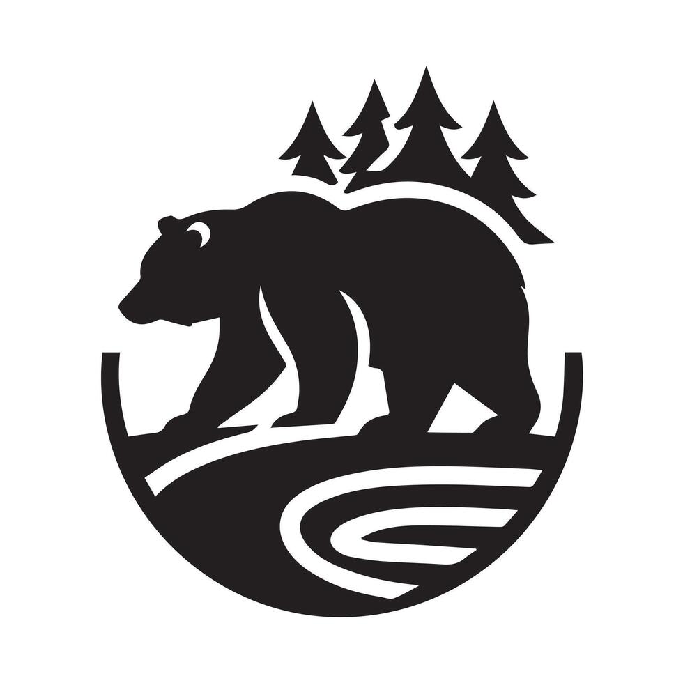 A stylized, black and white graphic of a bear standing in a serene forest at night. vector