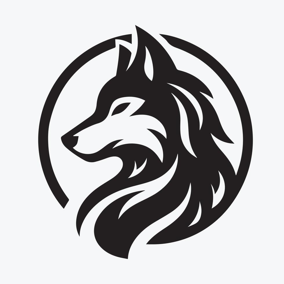 A bold, black and white silhouette of a wolf howling at the moon, set against a backdrop of stylized pine trees and a crescent moon. vector
