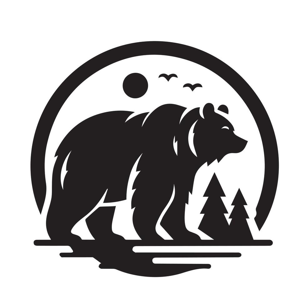 black and white graphic of a bear's head and shoulders, set within a circle. vector