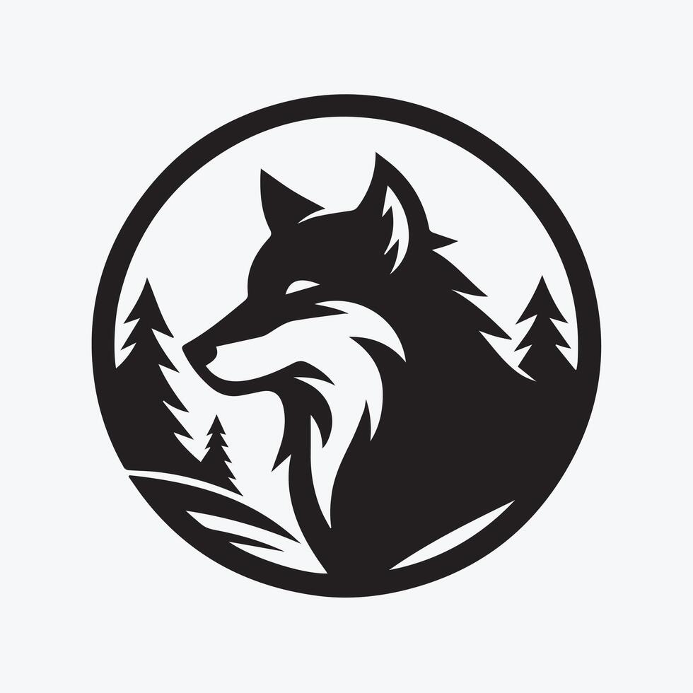 A bold, stylized black and white profile view of a wolf's head within a circle. vector