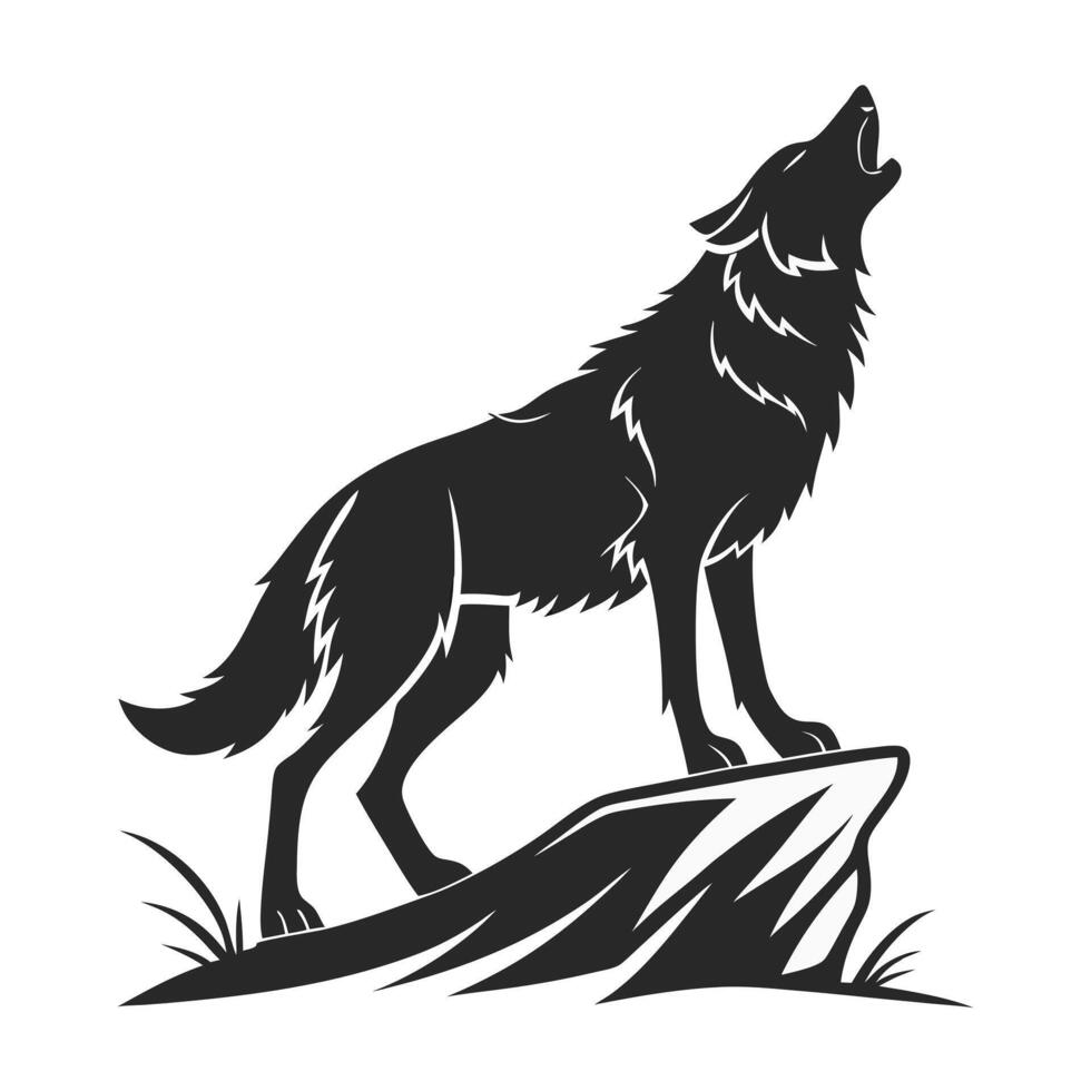 Powerful Black Silhouette of a Standing Wolf Majestic Wolf Howling on a Mountain Peak vector
