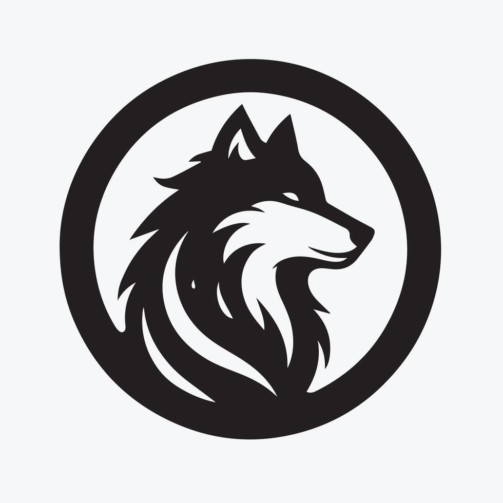 Stylish Black and White Wolf Logo Design A bold, stylized graphic of a wolf's head and neck within a circle. vector