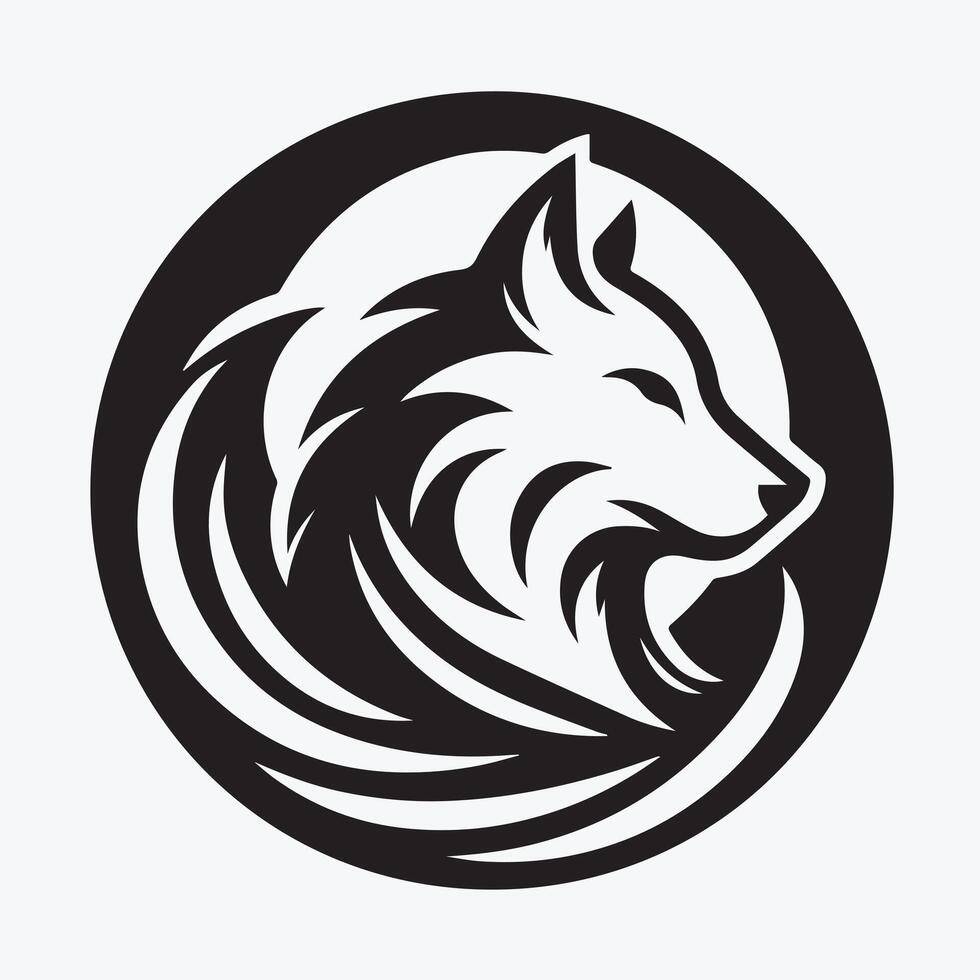 A striking black and white silhouette of a wolf's head, featuring stylized, flowing lines depicting the fur. vector