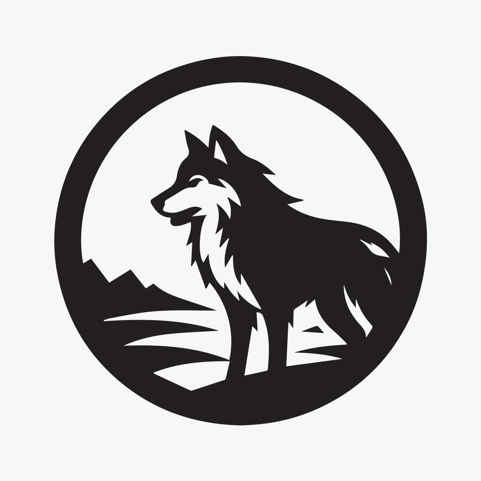 A stylized, black and white profile of a wolf's head, featured within a circular frame. vector