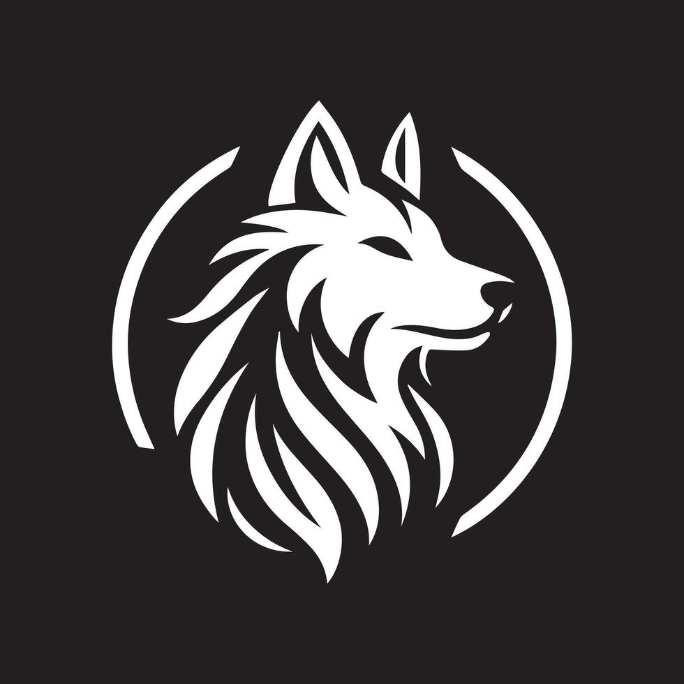 A stylized black silhouette of a wolf stands on a hill against a white circle representing the moon. vector