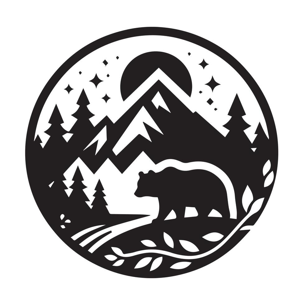 black and white silhouette of a bear standing by a serene lake in a forest. vector