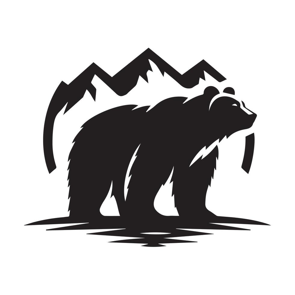 black and white silhouette of a bear standing amidst a serene mountain and forest scene. vector
